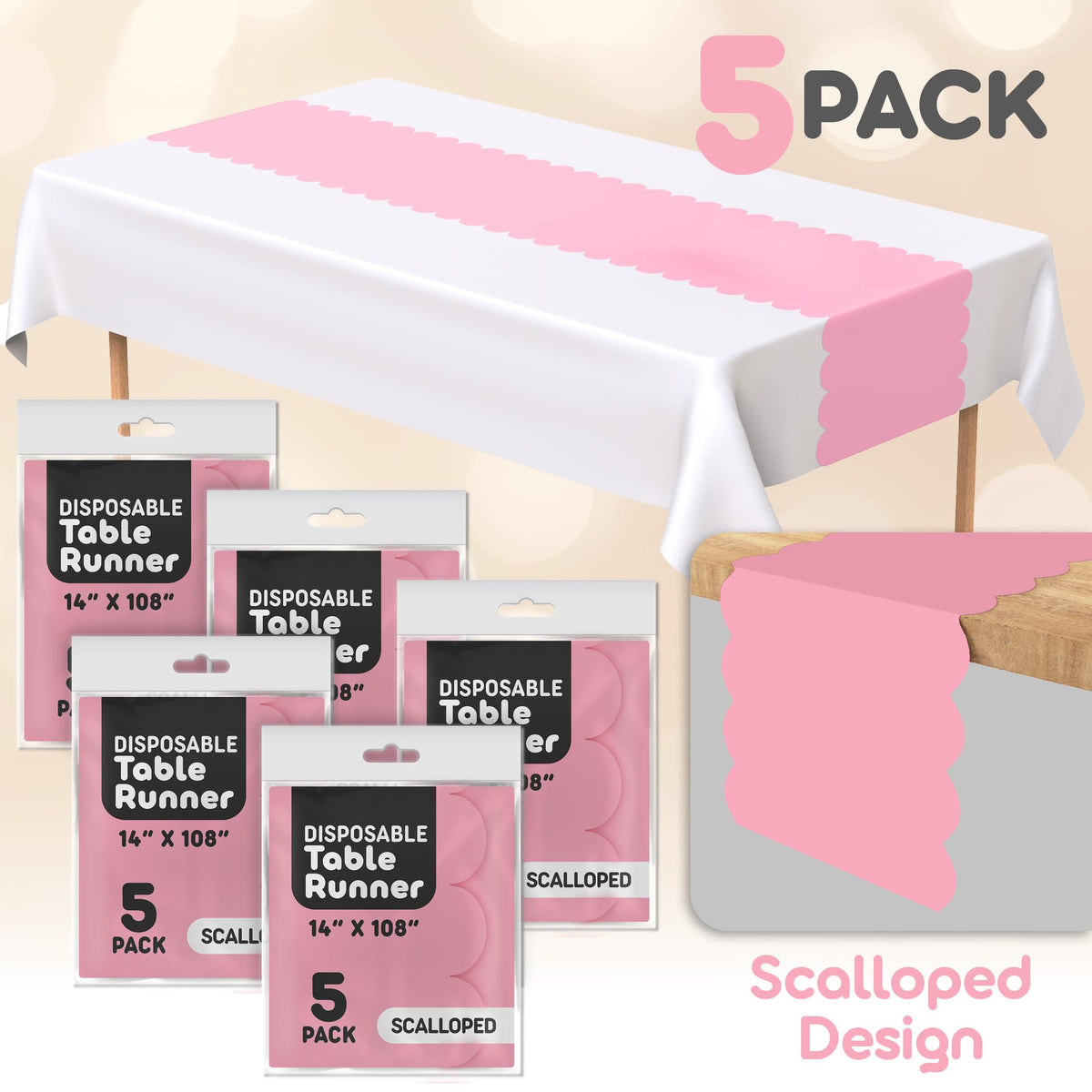 Swanoo light pink scallop table runner on table showcases chic disposable decor
