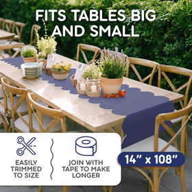 Swanoo Navy Blue Scallop table runner demonstrates long-table coverage for banquet settings.