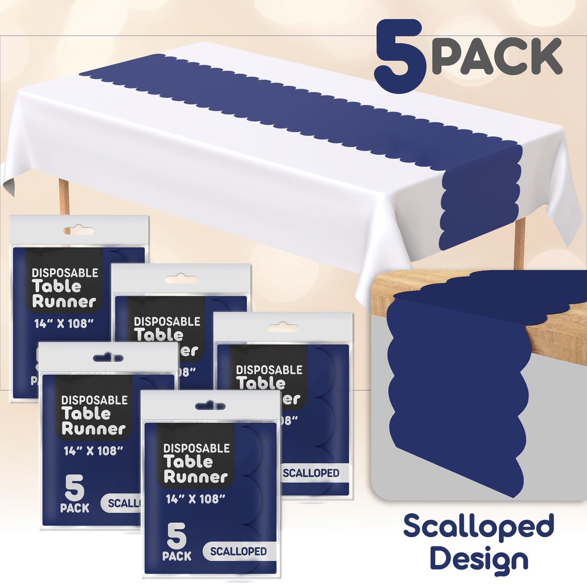 Swanoo Navy Blue Scallop runner on a table adds pop to casual and formal occasions.