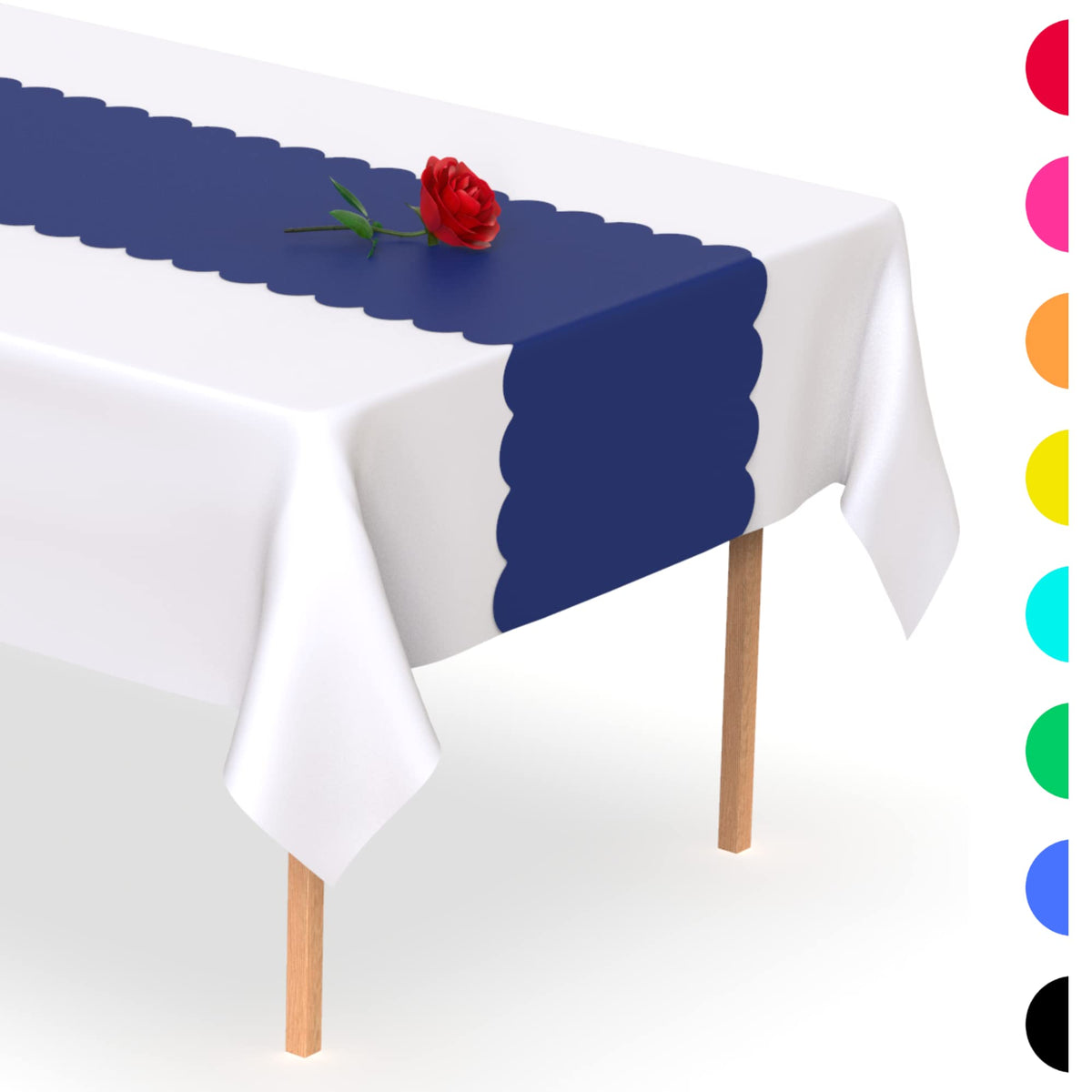 Swanoo Navy Blue Scallop runner creates elegant party ambiance for gatherings.