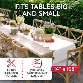 Swanoo scallop edge white table runner enhances table presentation.