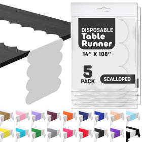 Swanoo white plastic disposable table runner with scallop edge for festive table decor.