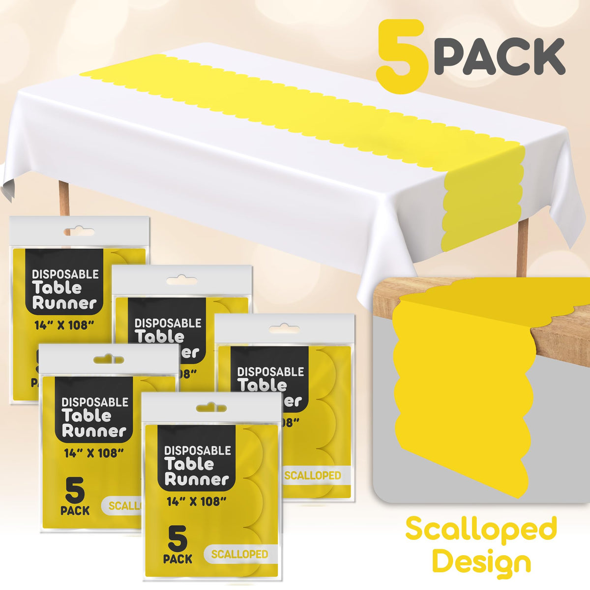 Swanoo yellow scallop table runner on party table enhances color and mood