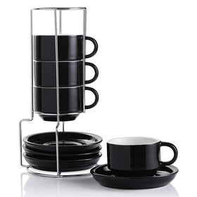 Sweejar ceramic espresso cups with saucers in black for cafe-at-home use.
