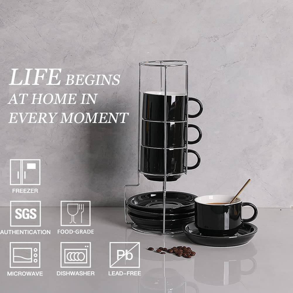Sweejar espresso cups stackable with saucers for compact kitchen storage.