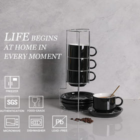 Sweejar espresso cups stackable with saucers for compact kitchen storage.
