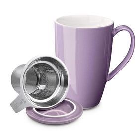 Sweese 15 oz porcelain tea mug with infuser and lid, purple glaze, easy steeping.