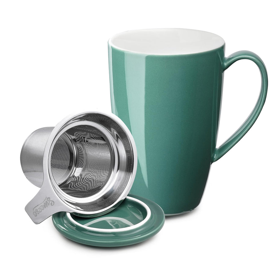 Sweese 15 oz porcelain tea mug with infuser and lid in sage green, ideal for precise loose-leaf brewing.
