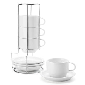 Sweese 8 oz porcelain cappuccino cups with saucers showing stackable design for space saving