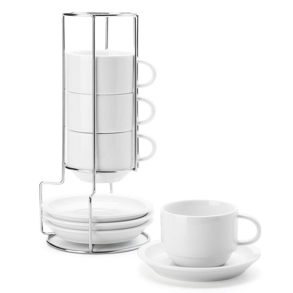 Sweese 8 oz porcelain cappuccino cups with saucers showing stackable design for space saving
