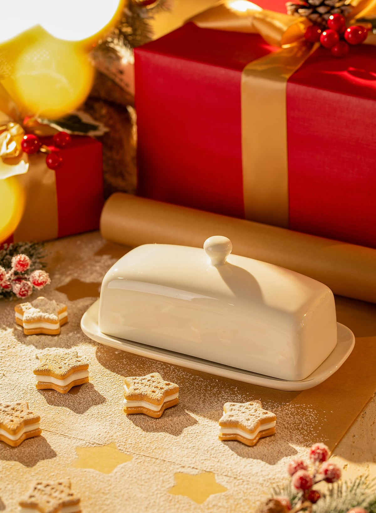 Sweese butter dish with lid open, full-size butter stick visible.