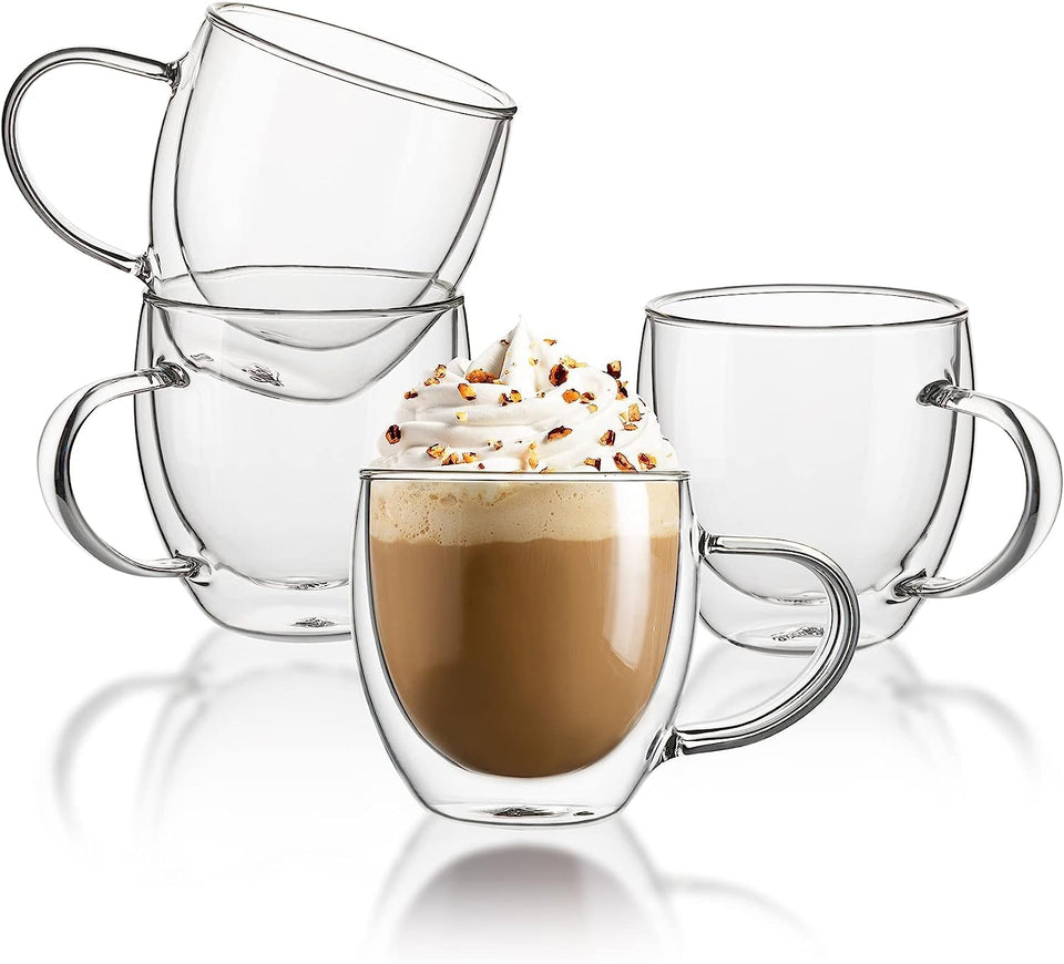 Sweese clear 8 oz mug; double-wall insulation for heat-safe handling.