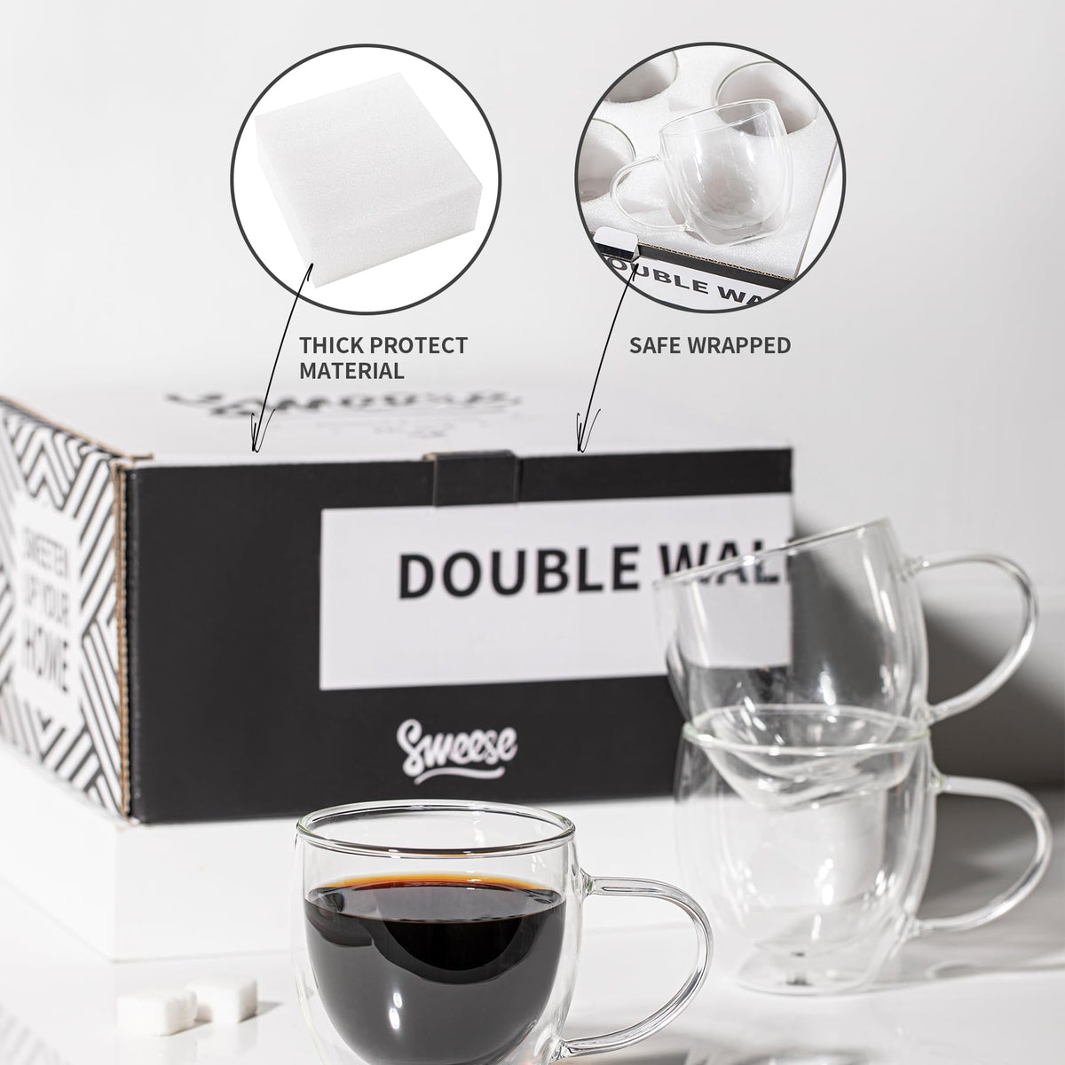 Sweese clear mug set of four; versatile for coffee, tea, desserts.