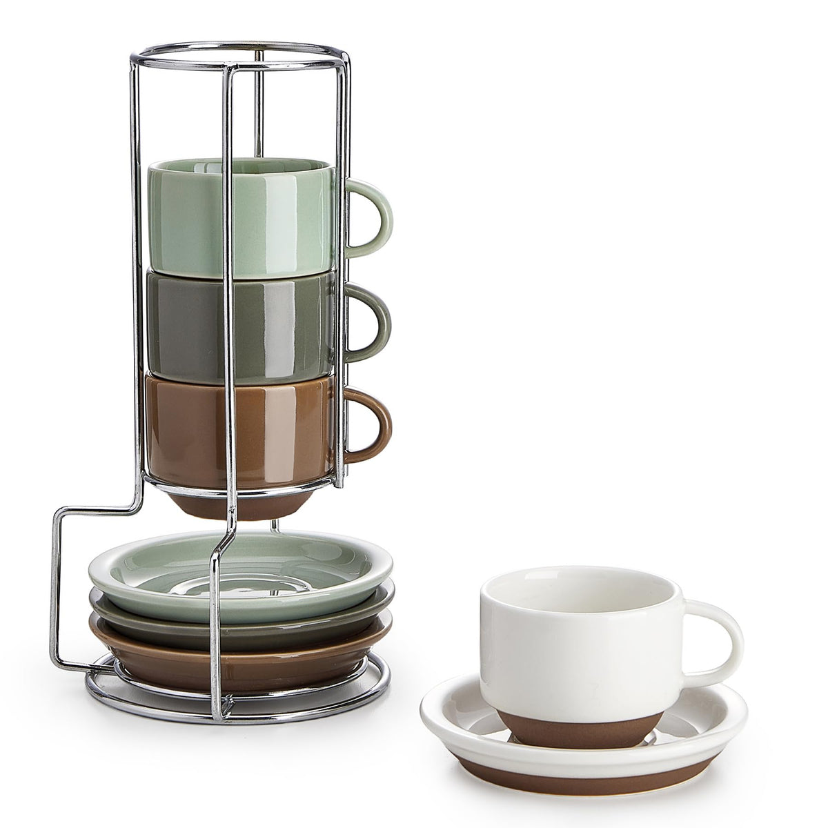 Four-color Sweese espresso cups with saucers create a colorful, organized set.