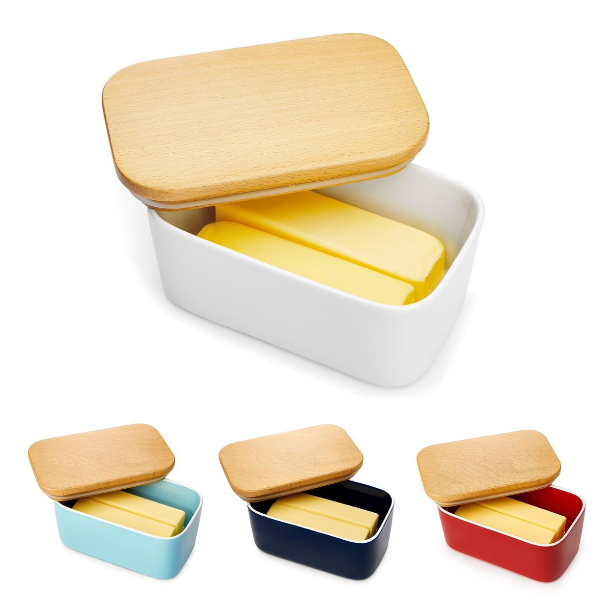 Sweese large butter dish with beech wood lid keeps butter fresh and ready to slice