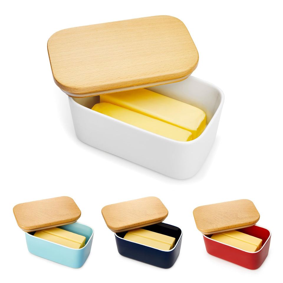 Sweese large butter dish with beech wood lid keeps butter fresh and ready to slice