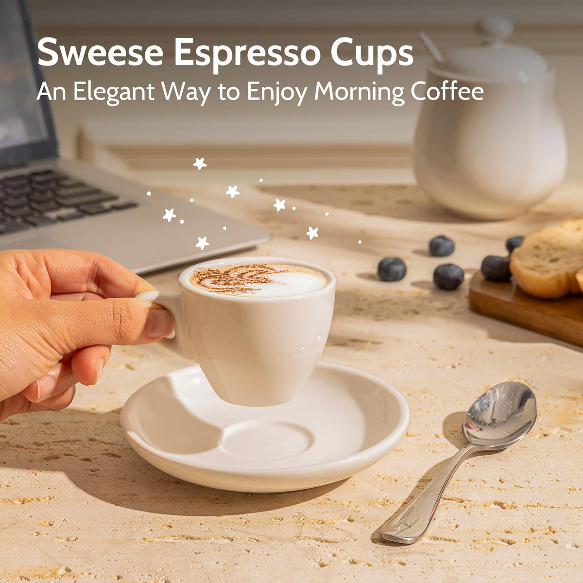 Lifestyle shot of a morning coffee ritual featuring Sweese set.