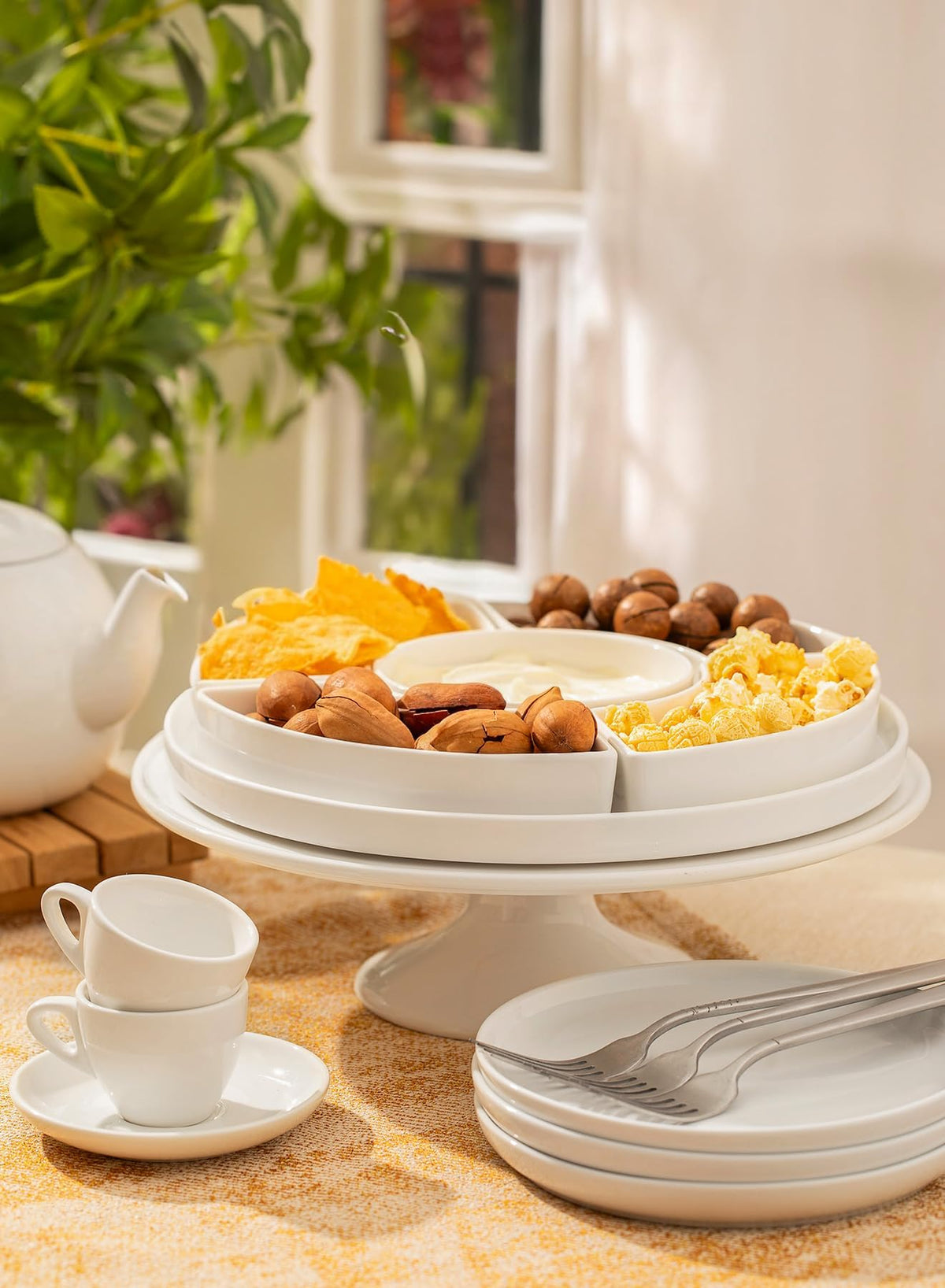 Sweese party catering setup using porcelain divided serving dishes