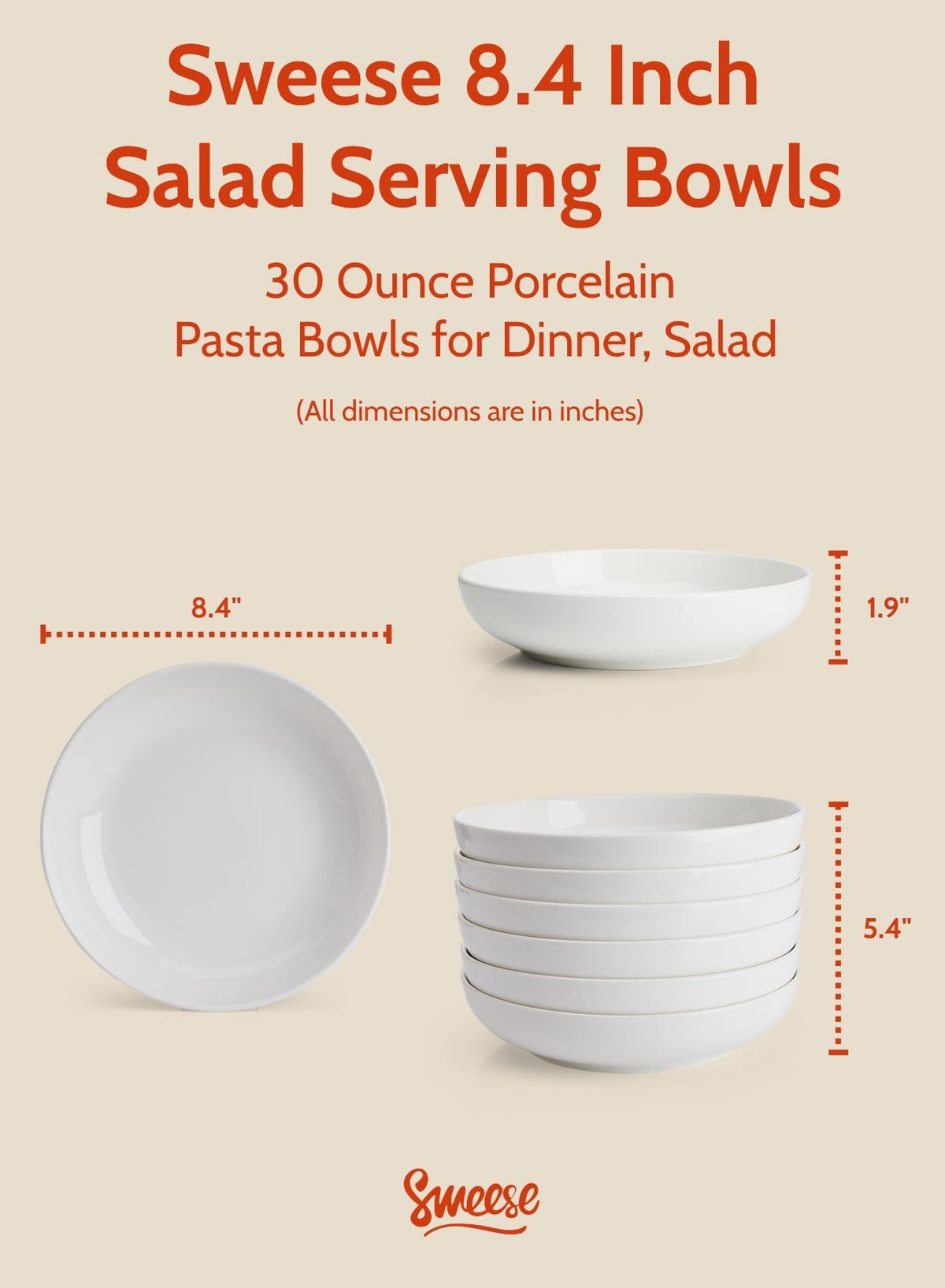 Sweese 8.4-inch pasta bowls in a six-pack for generous portions