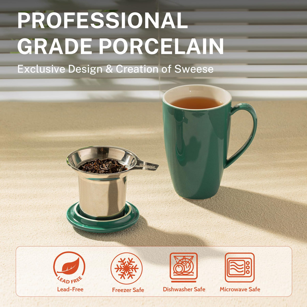 Sweese porcelain mug with built-in infuser, keeps leaves separate for a clean cup.
