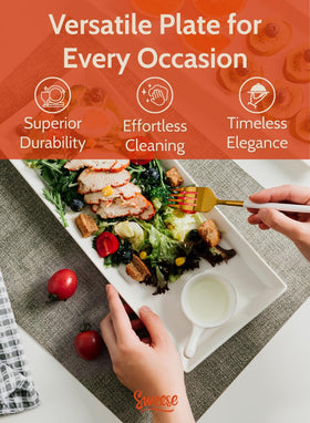 Sweese rectangular porcelain platter in dinner party setup for elevated presentation