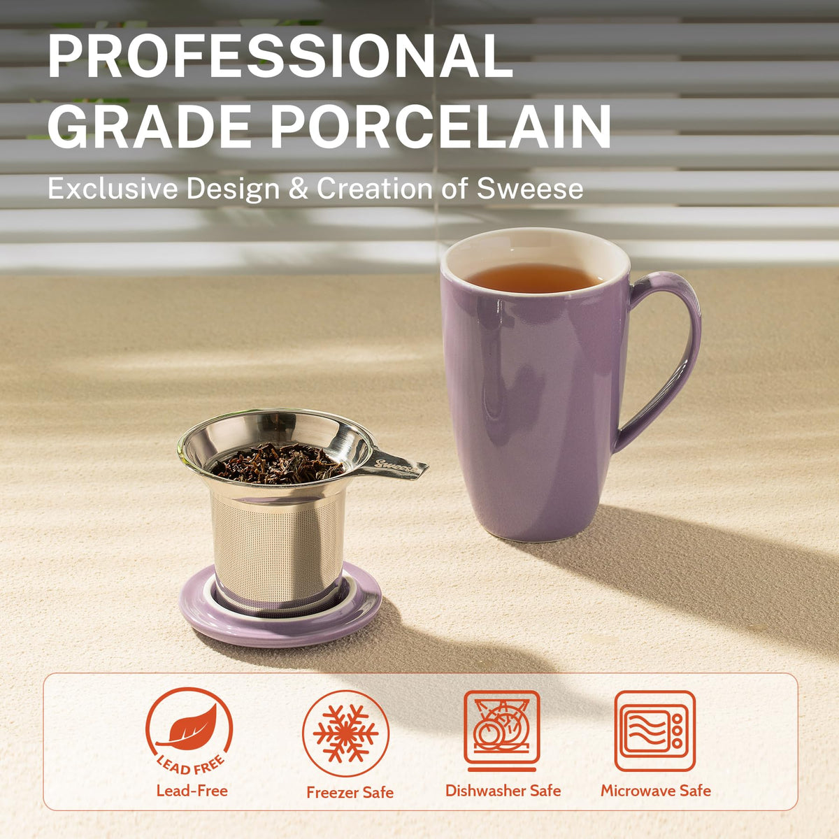 Sweese teacup infuser with extra-fine holes for pure, leaf-only brews.