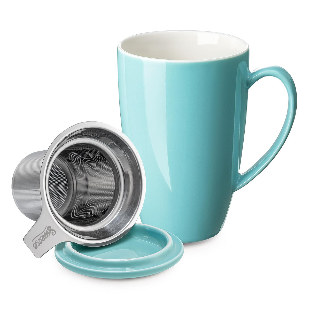 Sweese tea mug with infusion lid for convenient loose leaf brewing.