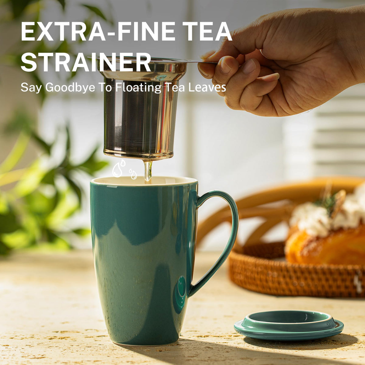 Sweese tea mug lid traps heat and aroma during steeping.