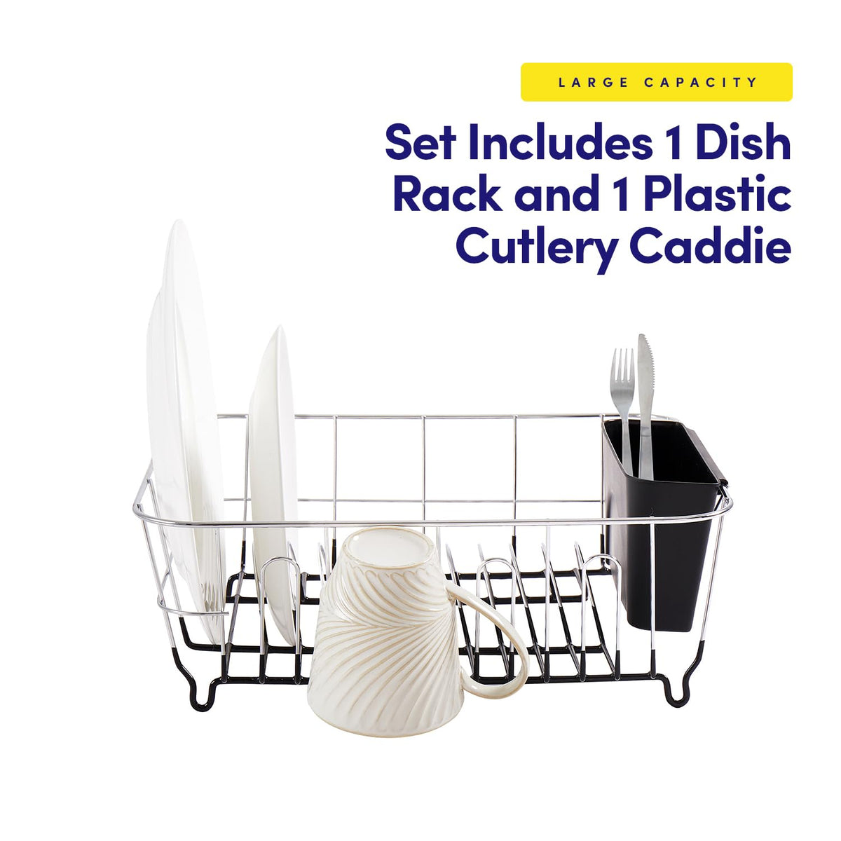 Sweet Home Collection chrome plated dish drainer with rubber bottom for stable use.