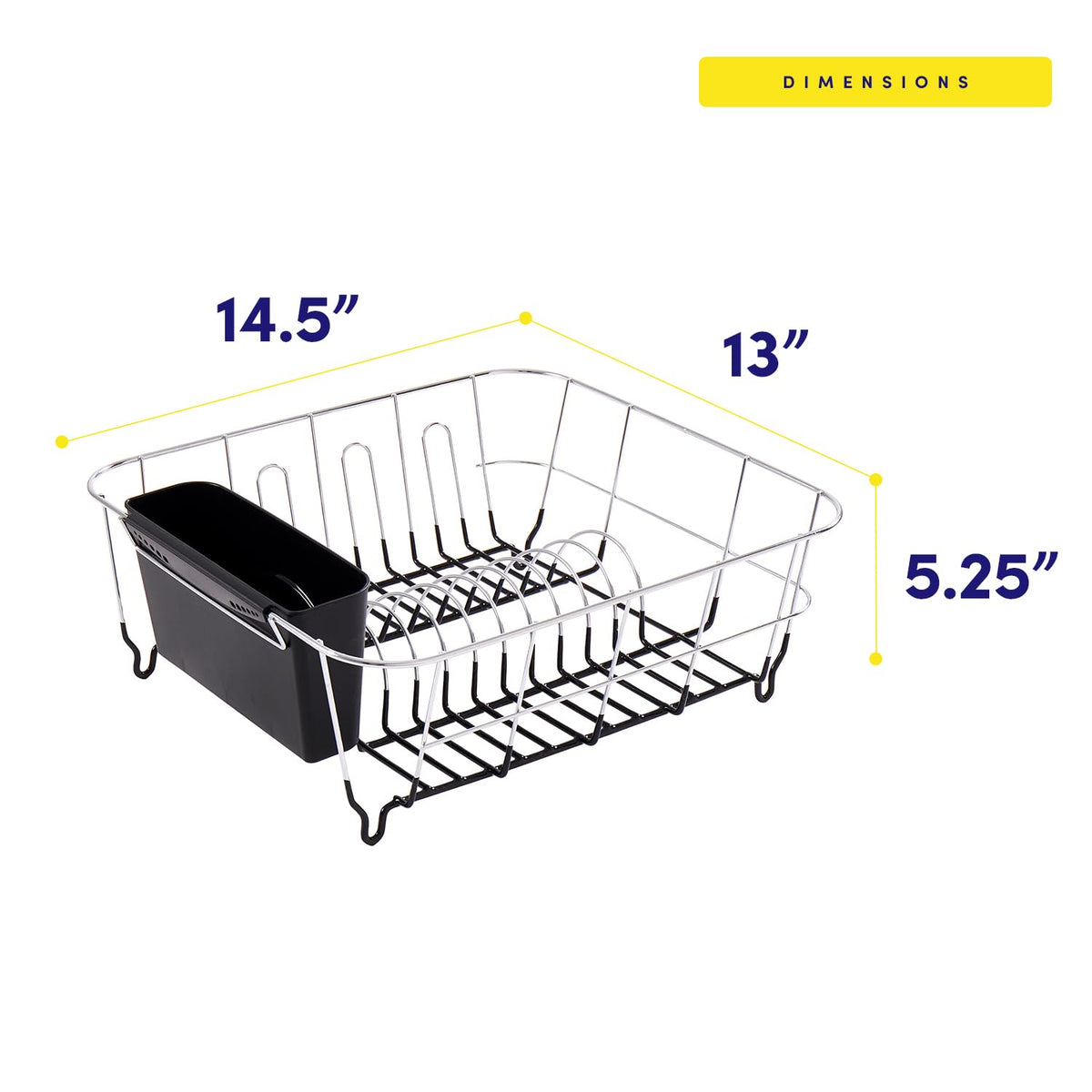 Sweet Home Collection dish drying rack shown with dimensions 14.5 by 13 by 5.25 inches.