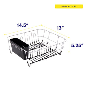 Sweet Home Collection dish drying rack shown with dimensions 14.5 by 13 by 5.25 inches.