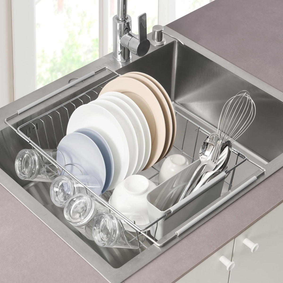 Sweet Home Collection dish drying rack over the sink extended for extra drying space.