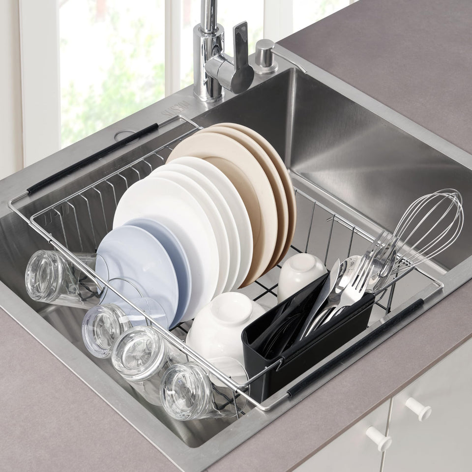 Sweet Home Collection over-sink drying rack extended to 24.75 inches saves counter space.