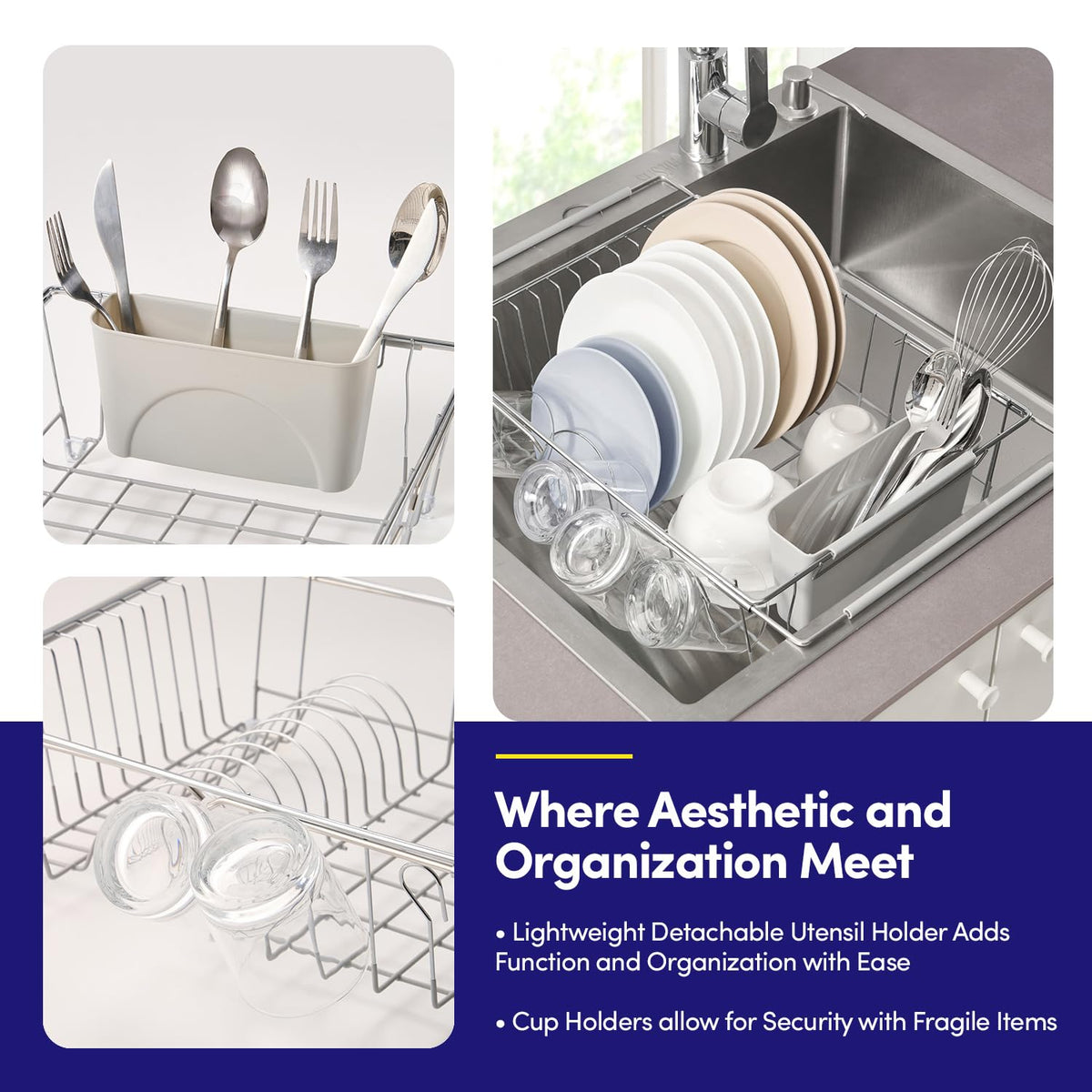 Rectangular drying surface supports plates, bowls, and glassware efficiently.