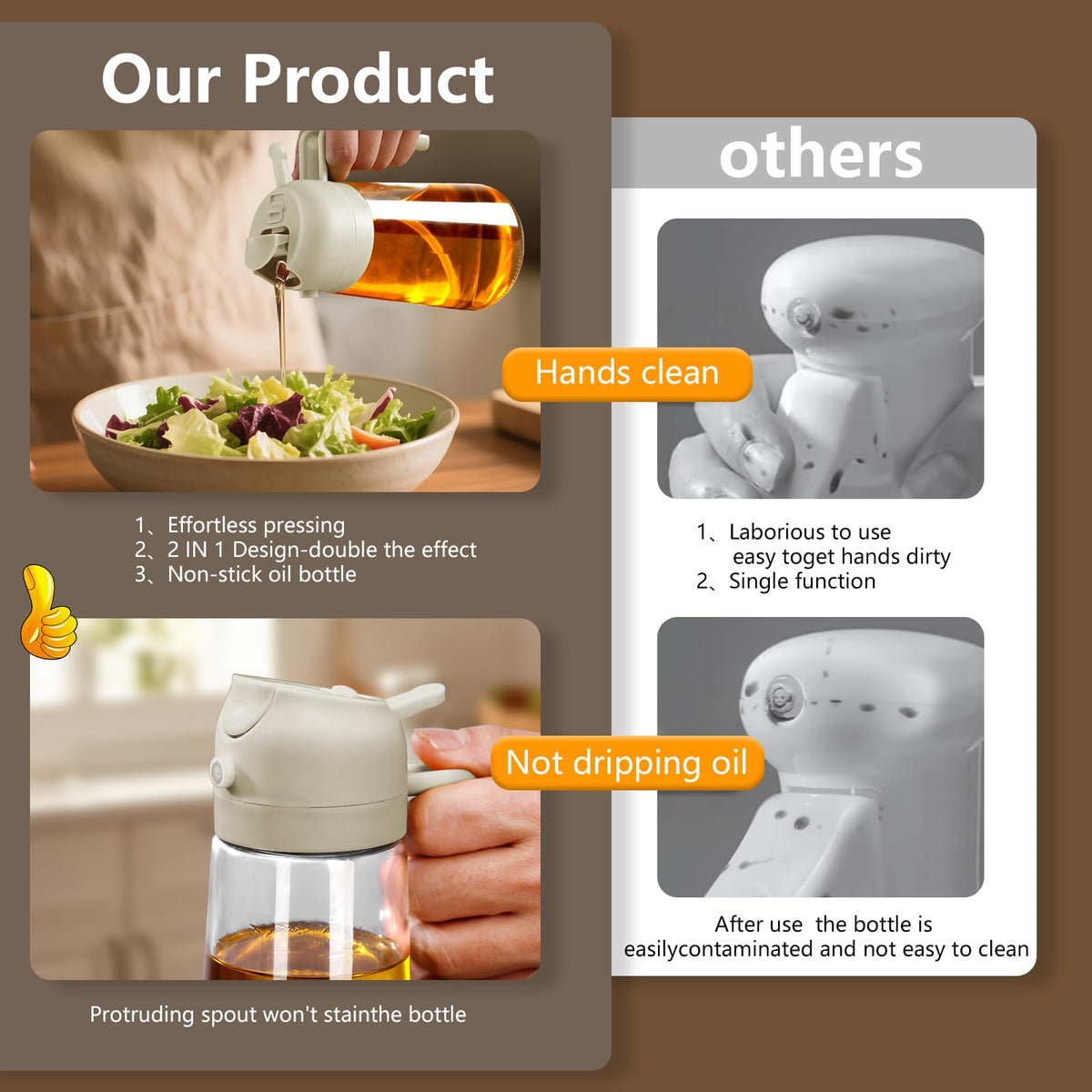 Sweet View 2-in-1 design lets you spray or pour oil conveniently.