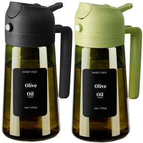 Sweet View olive oil dispenser, 16oz glass side view for precise pouring.