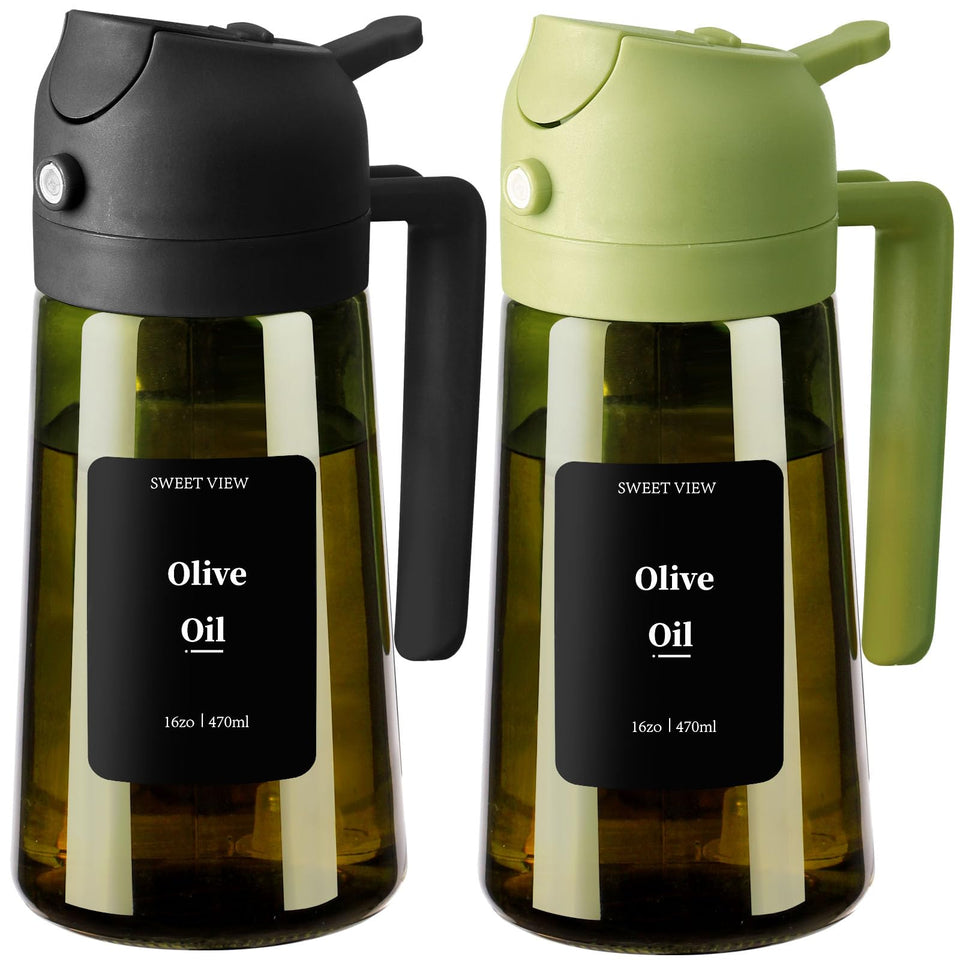 Sweet View olive oil dispenser, 16oz glass side view for precise pouring.
