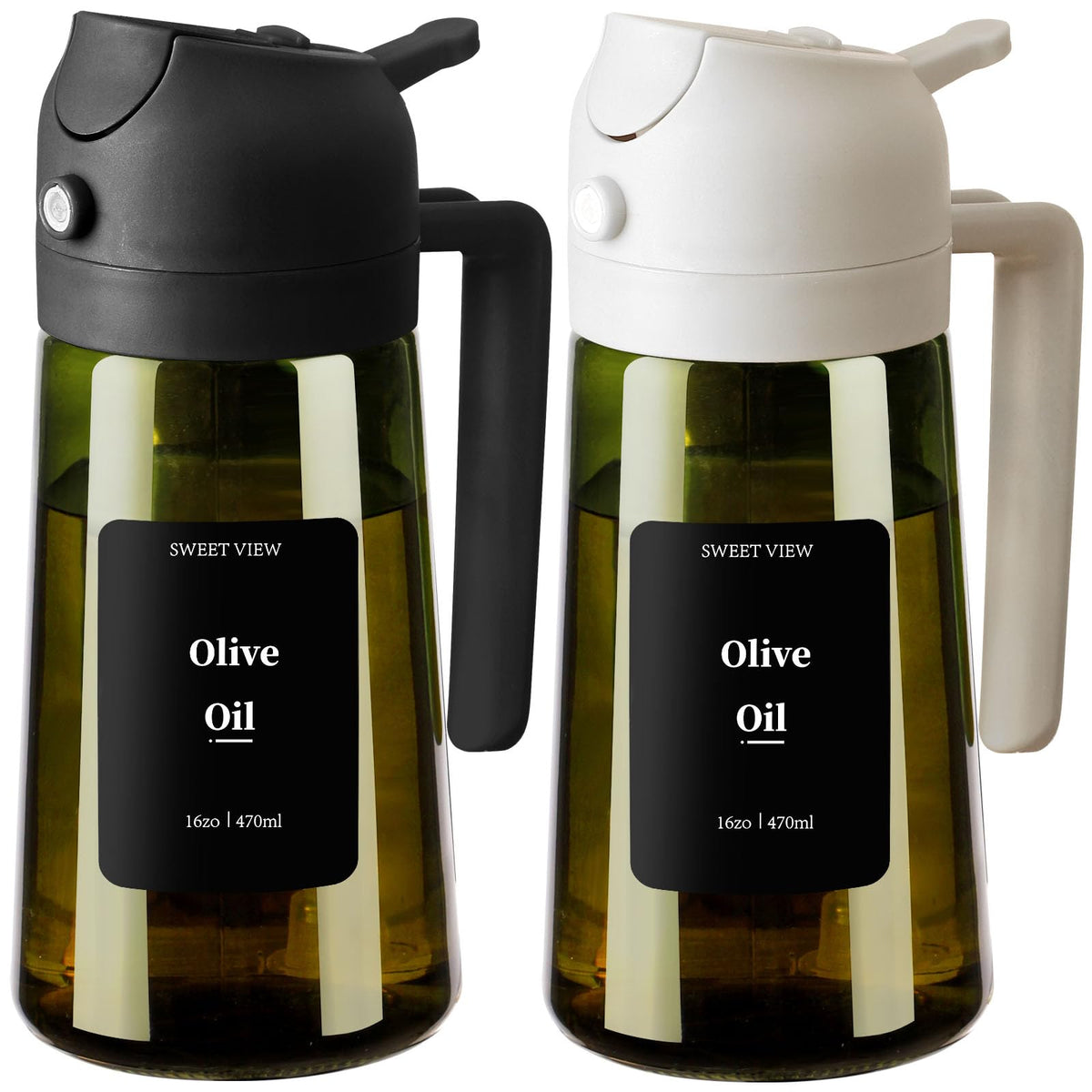 SWEET VIEW spray nozzle on olive oil dispenser delivering a fine mist for even coating.
