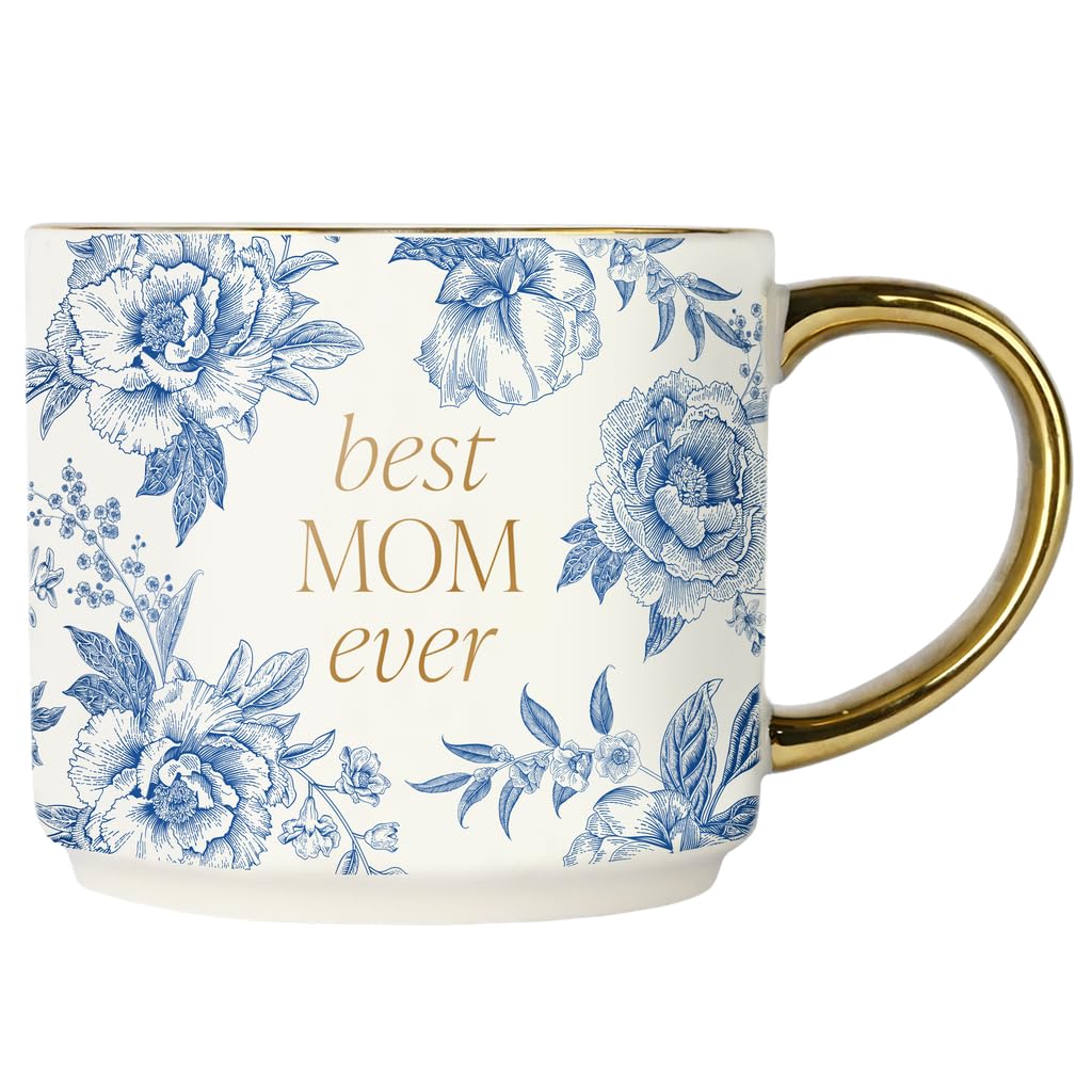 Sweet Water Decor Best Mom Ever mug with blue Delft floral for elegant daily use.