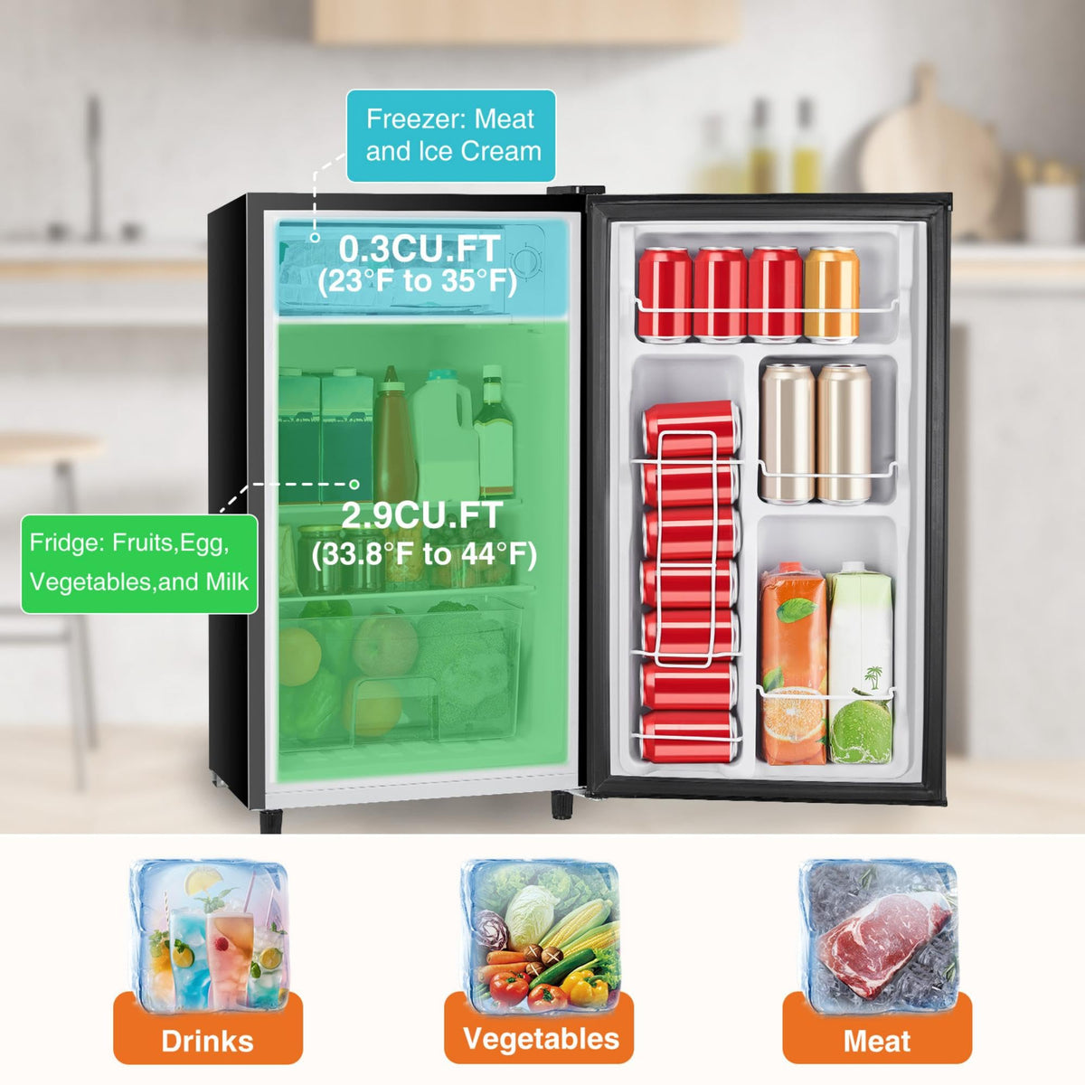 Sweetcrispy mini fridge with door open revealing organized interior