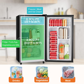 Sweetcrispy mini fridge with door open revealing organized interior
