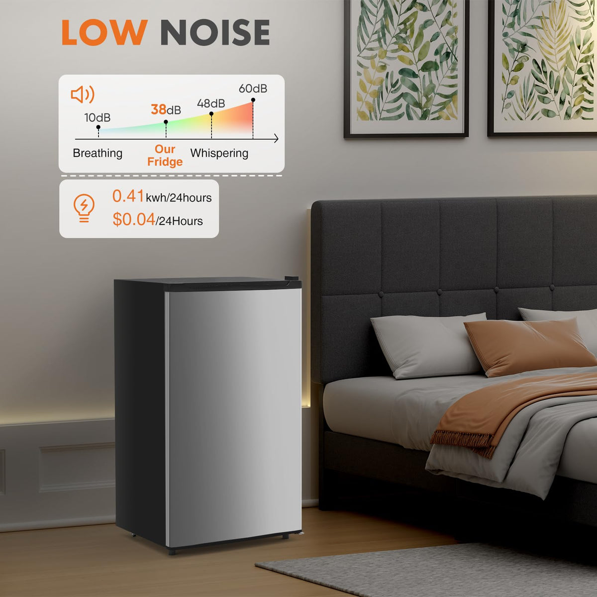 Sweetcrispy fridge in a cozy bedroom setup emphasizes quiet operation during study or rest.