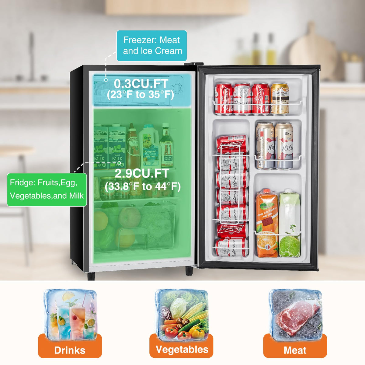Sweetcrispy fridge door shelves provide easy access to drinks and daily essentials.