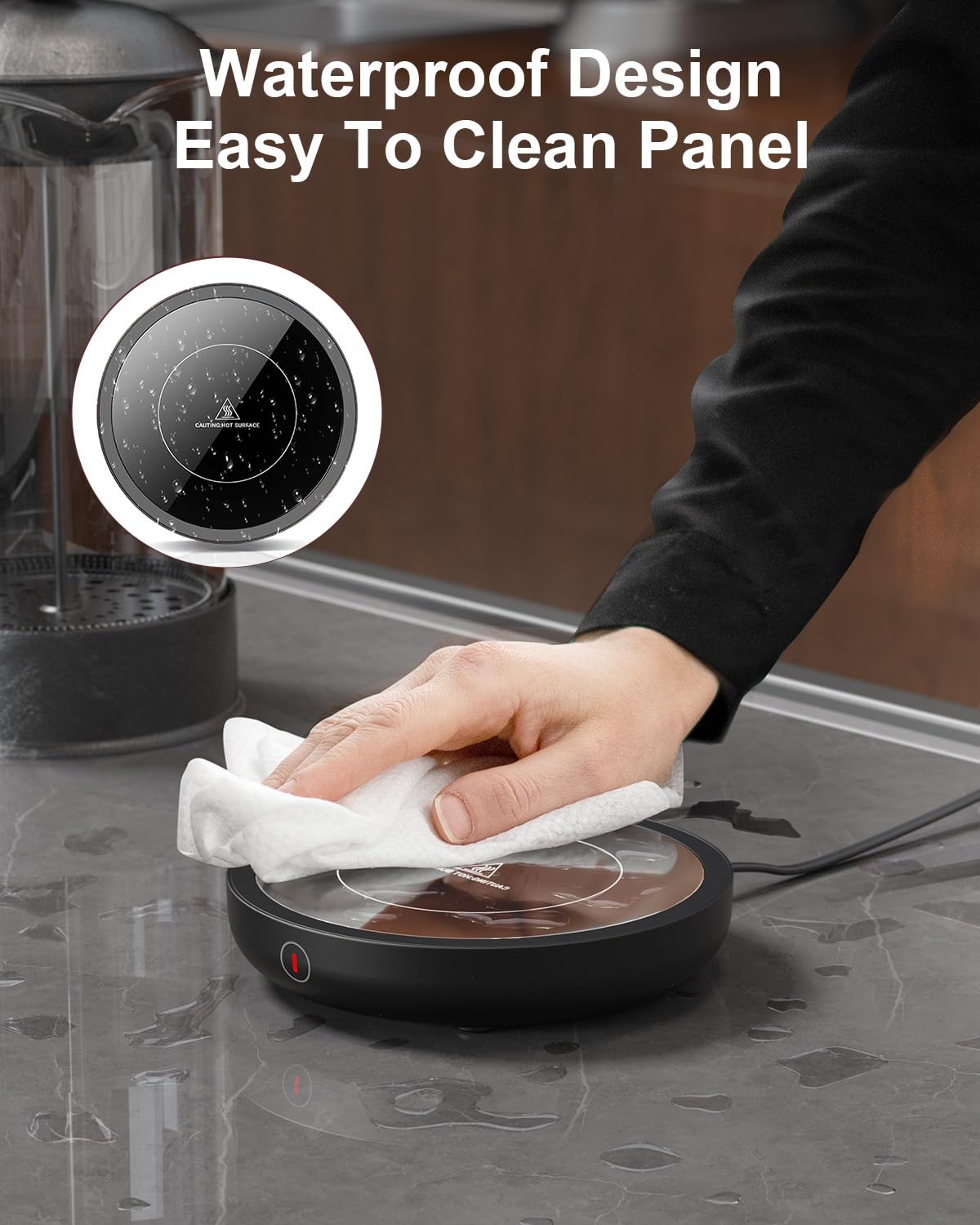 SWEETFULL warmer works best with flat-bottom mugs like ceramic or stainless steel