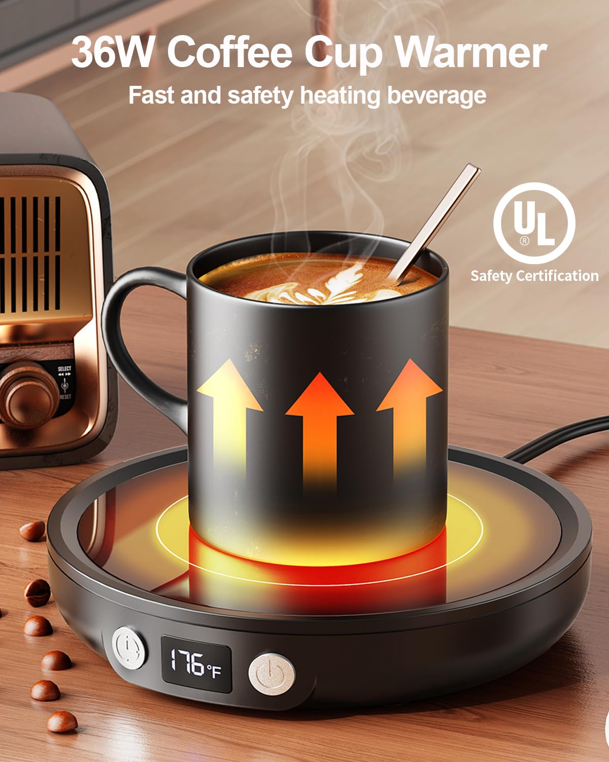 Sweetfull Mug Warmer digital display shows precise 176°F for temperature control.