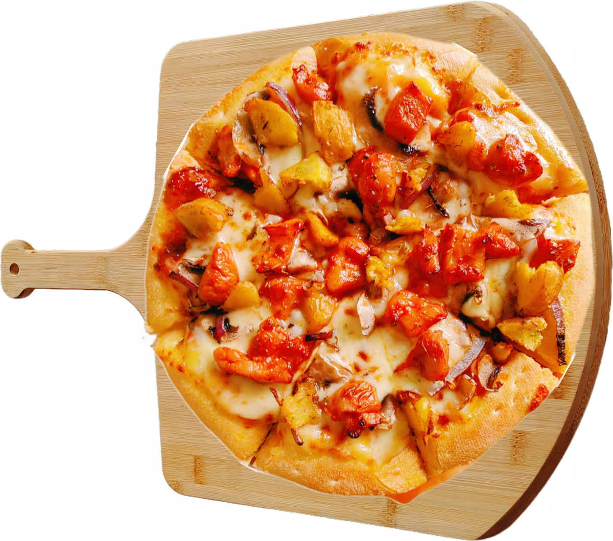 SWEIBIAI bamboo cutting surface ideal for slicing pizza, bread, and cheese.