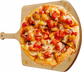 SWEIBIAI bamboo cutting surface ideal for slicing pizza, bread, and cheese.