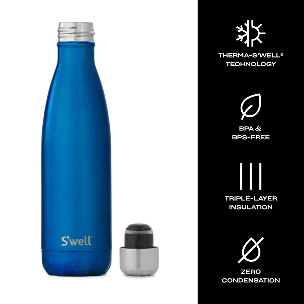 S'well 17oz bottle condensation-free exterior is comfortable to hold.