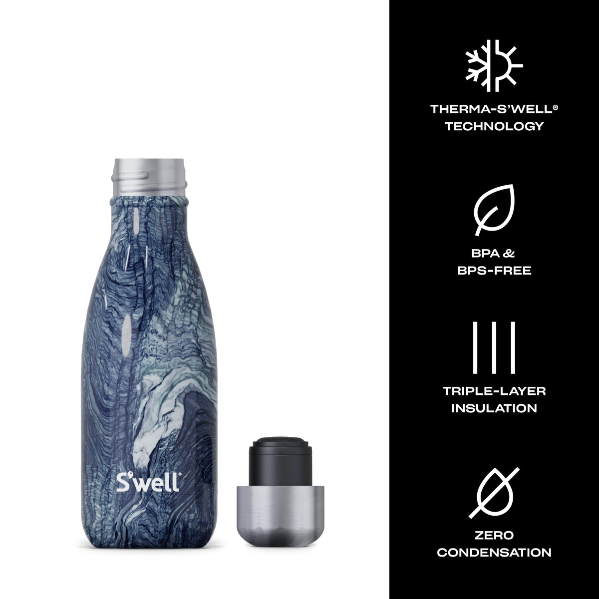 S'well azurite marble bottle in hand for on-the-go hydration.