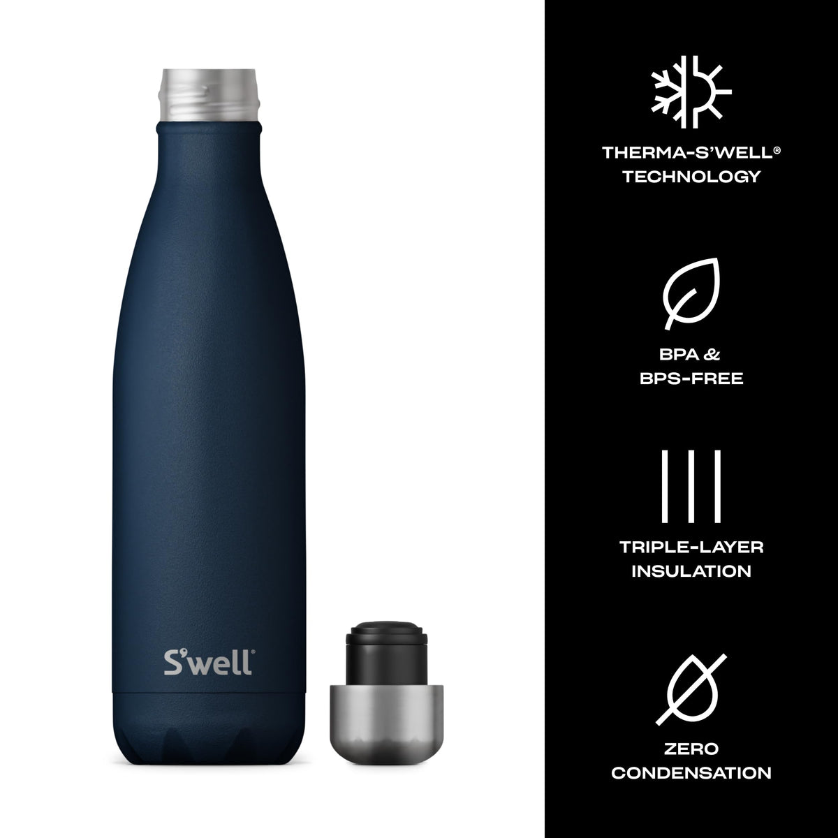 S'well Azurite bottle opening shows wide mouth for ice cubes.
